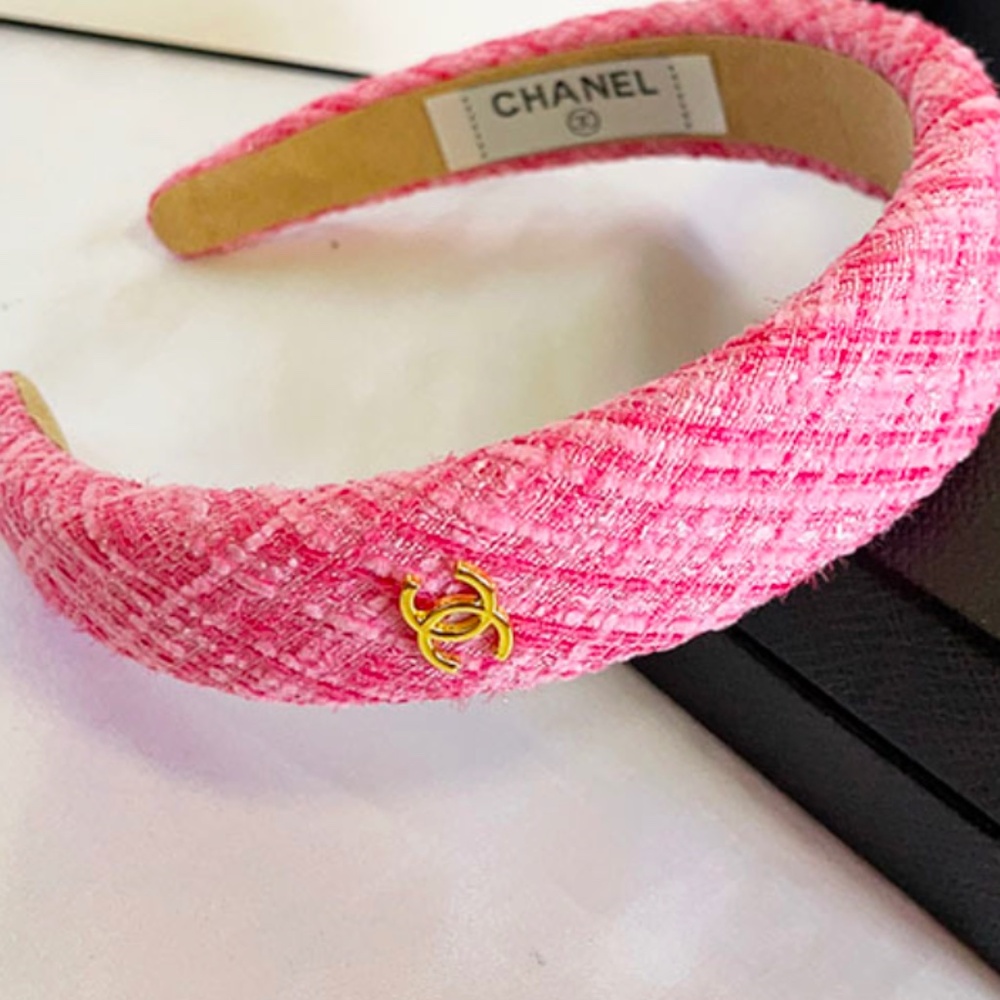 CHANEL Pink Tweed Padded Headband with Gold CC Logo